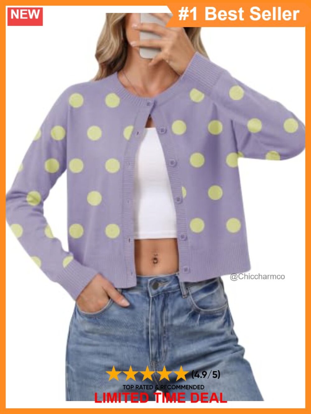 Women's Cropped Polka Dot Knit Cardigan Button Down Round Neck Long Sleeve